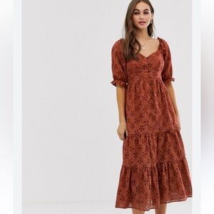 ASOS Tiered Midi Dress Eyelet Puff Sleeve Peasant Boho Cottagecore Festival 10